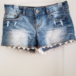 Distressed Denim Shorts with Lace Trim